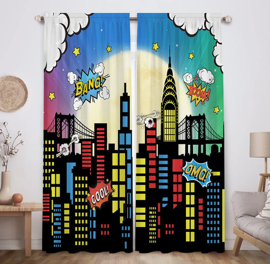 Allenjoy Superhero Super City Skyline Buildings Children Window Curtains for Kids Baby Room Bedroom Nursery Toddler Home Office Decor Decorations Durable Fabric Machine Washable 82 in x 84 in