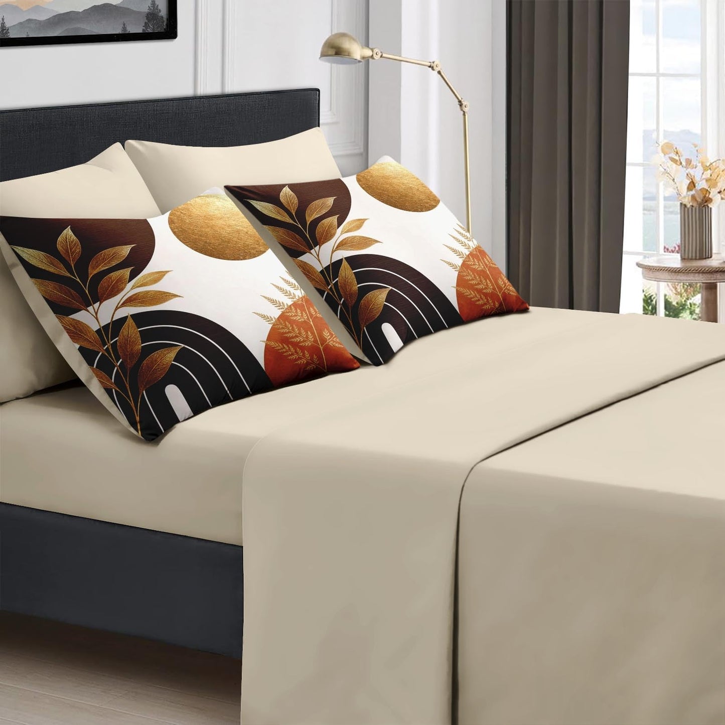 Boewywh Comforter Set Twin Size Boho Gold Abstract 7 Pcs, Bedding for Kids and Adults, Leaf Botanical Bed Sheet Sets with Fitted Sheet 2 Pillowcases & 2 Shams for Bedroom Bed Decor