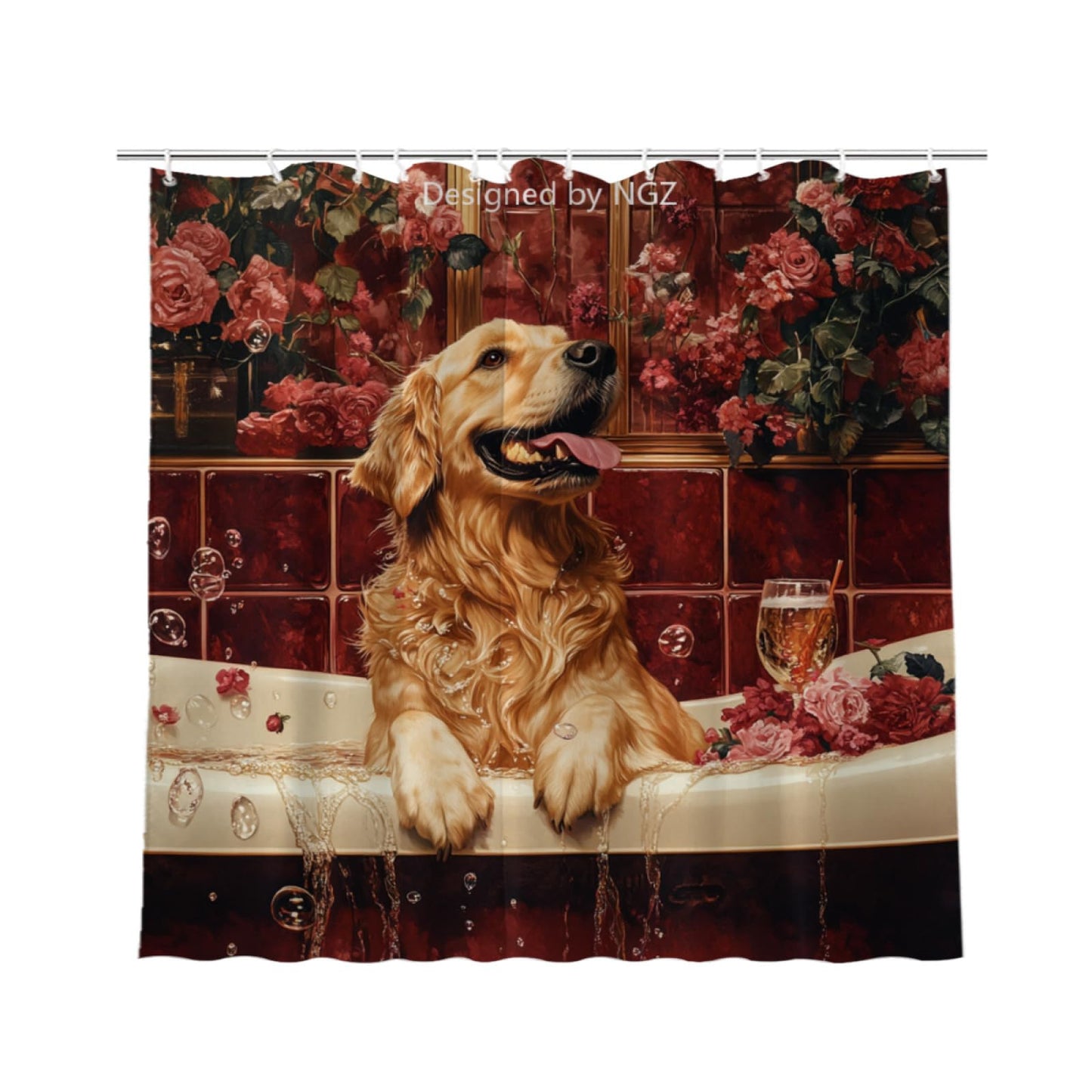 NGZ Funny Golden Retriever Shower Curtain, SPA Golden Retriever with Wine, Red Shower Curtain, 72x72 Inches Floral Shower Curtains for Bathroom, Bath Curtains Set with 12 Hooks