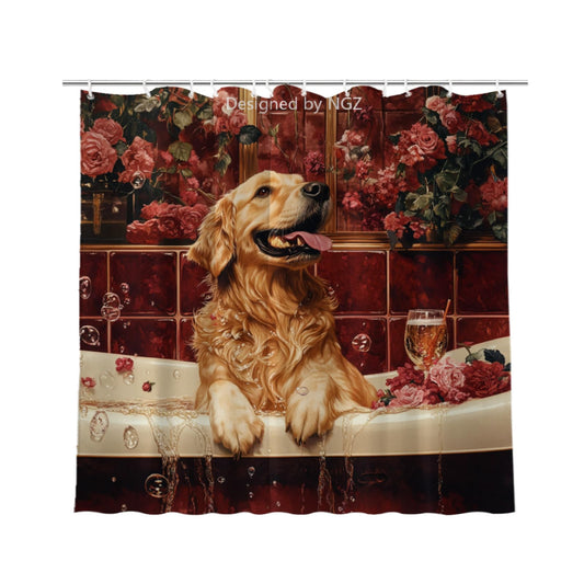 NGZ Funny Golden Retriever Shower Curtain, SPA Golden Retriever with Wine, Red Shower Curtain, 72x72 Inches Floral Shower Curtains for Bathroom, Bath Curtains Set with 12 Hooks