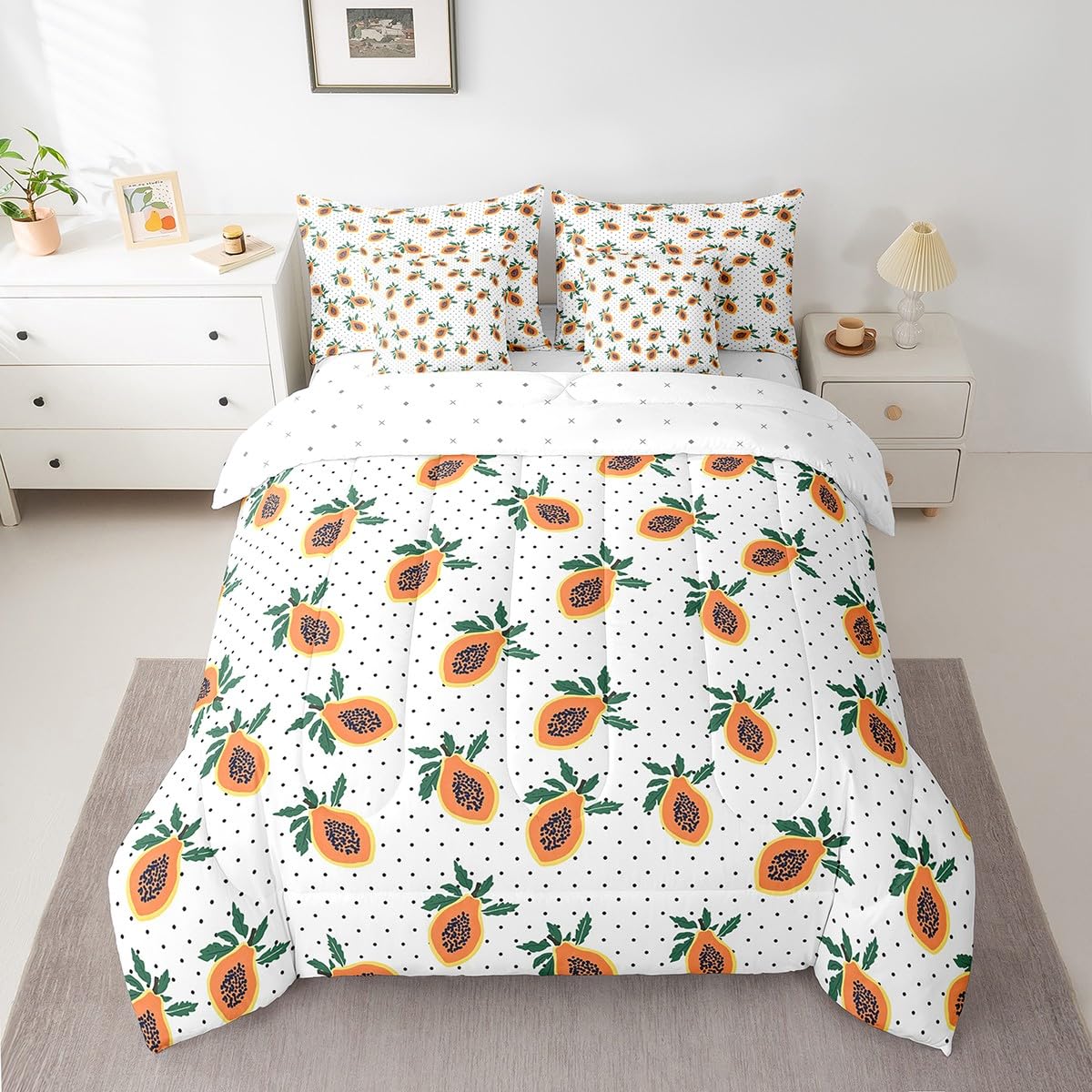 Erosebridal Papaya Comforter Set 7 Piece Bed in a Bag Twin,Tropical Fruit Bedding Sets Funny Food Themed Comforter and Sheet Set,Green Leaves Leaf Cute Bed Set