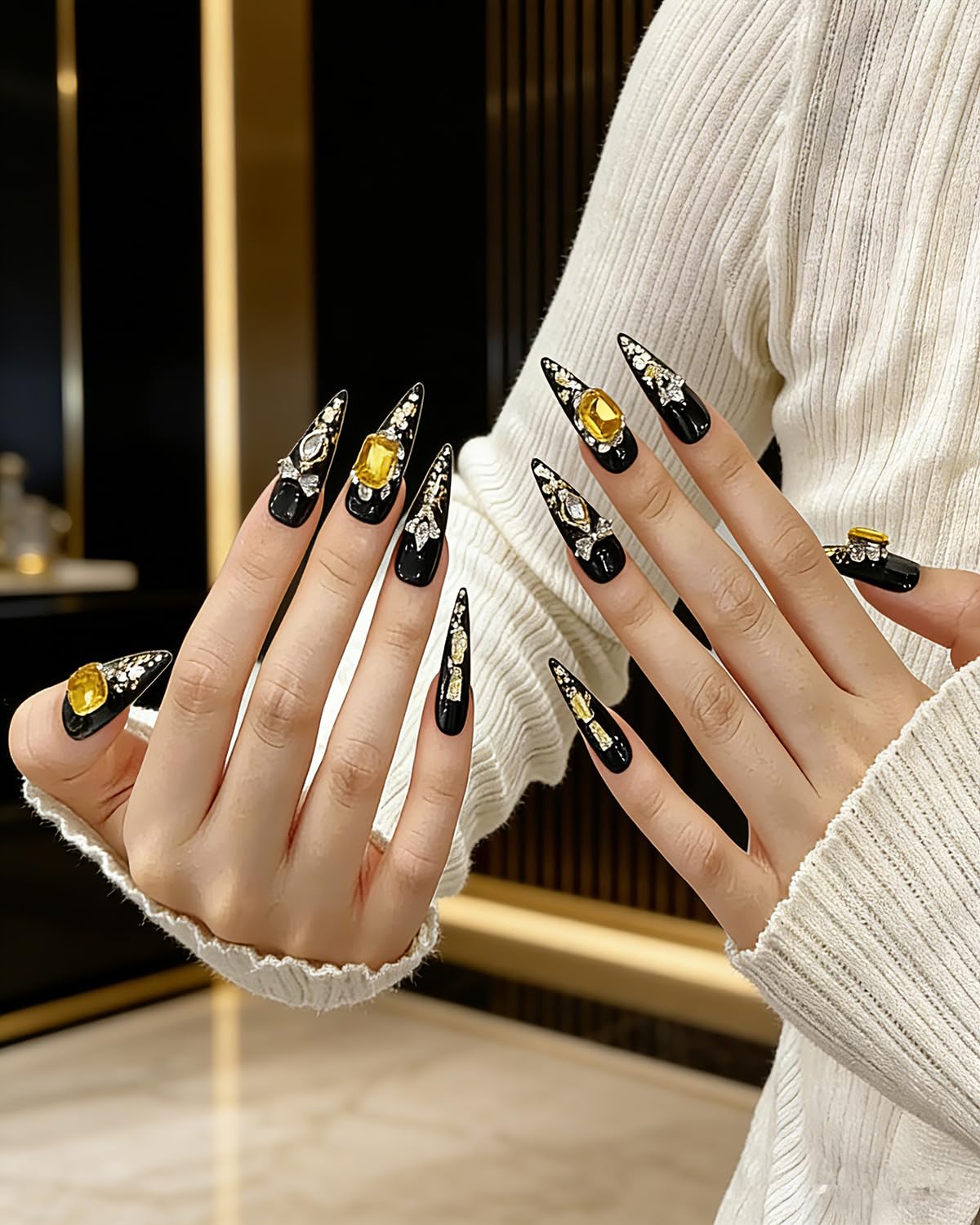 CAMILCY Luxury Handmade Press on Nails Black Gold Stiletto Glossy Reusable Long Fake Nails with Gold Foil Salon Quality Elegant Acrylic Artificial Nails for Women 10pcs (A020, M)