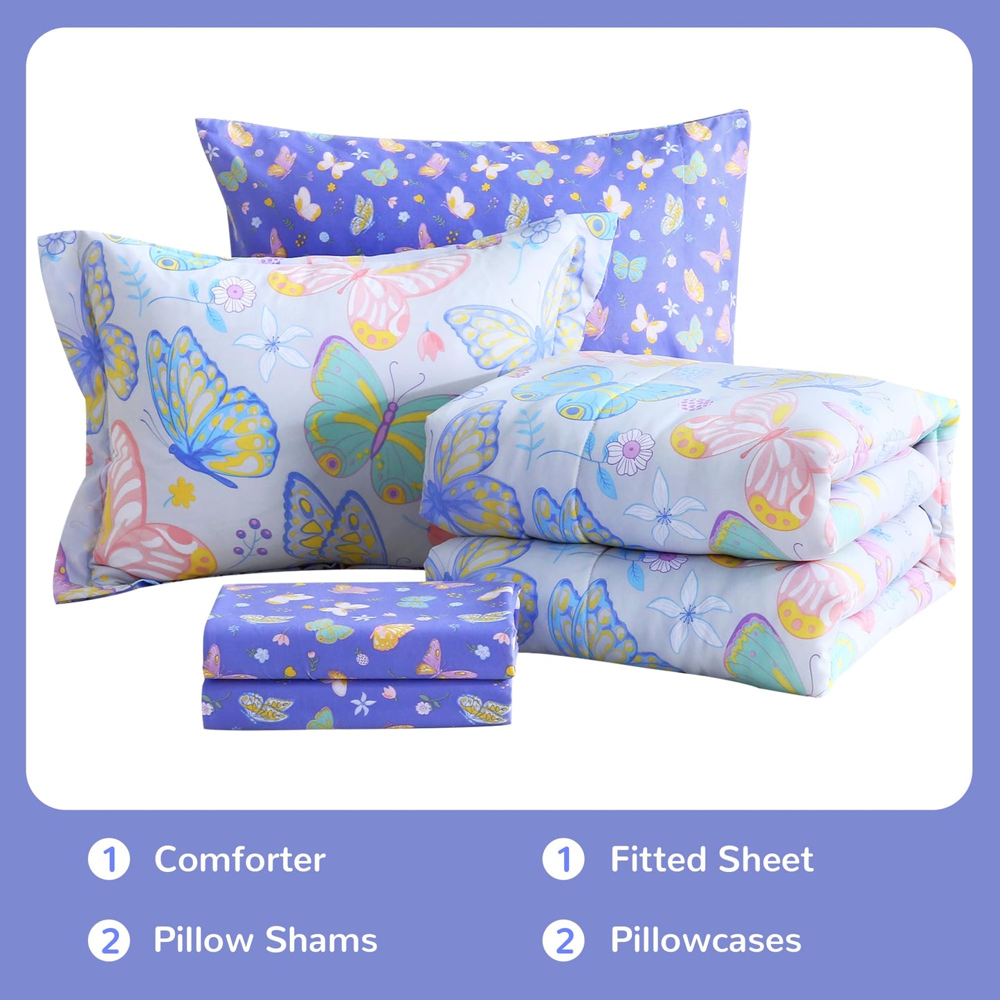 Viviland Kids Full Bedding Sets for Girls, Soft Full Comforter Set with Sheets, 7 Pieces Microfiber Bed in a Bag, Colorful Butterfly