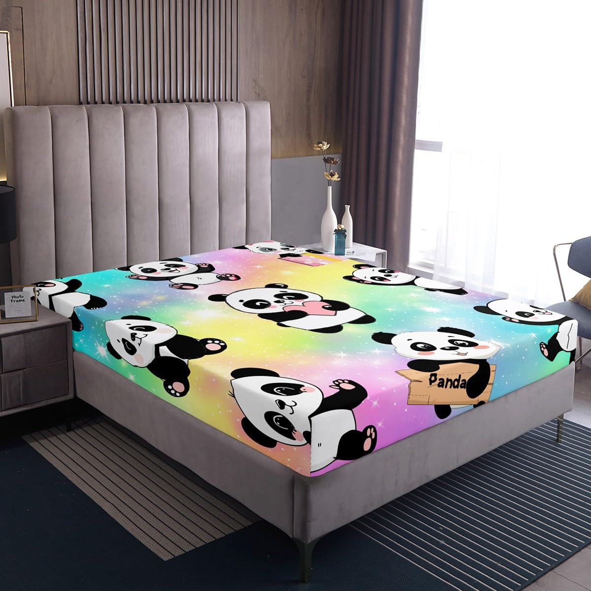 Erosebridal Girls Rainbow Sheets Kids Panda Bed Sheets Sparkle Stars Queen Sheet Set Pastel Glitter Top Sheet Super Cozy Lightweight Sheet & Pillowcase Sets 4 Piece with 2 Pillow Sham