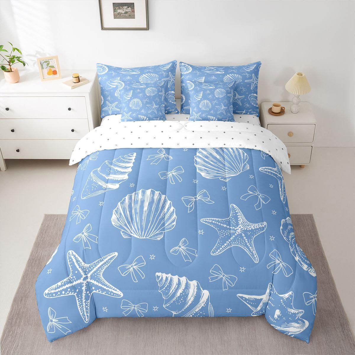 Feelyou Starfish Beach Comforter Set King Size 7 Pieces Blue Bow Shell Bedding Set for Kids Boys Girls Coastal Beach Ocean Bed in a Bag with Comforter, Sheets, Pillowcases, Cushion Covers