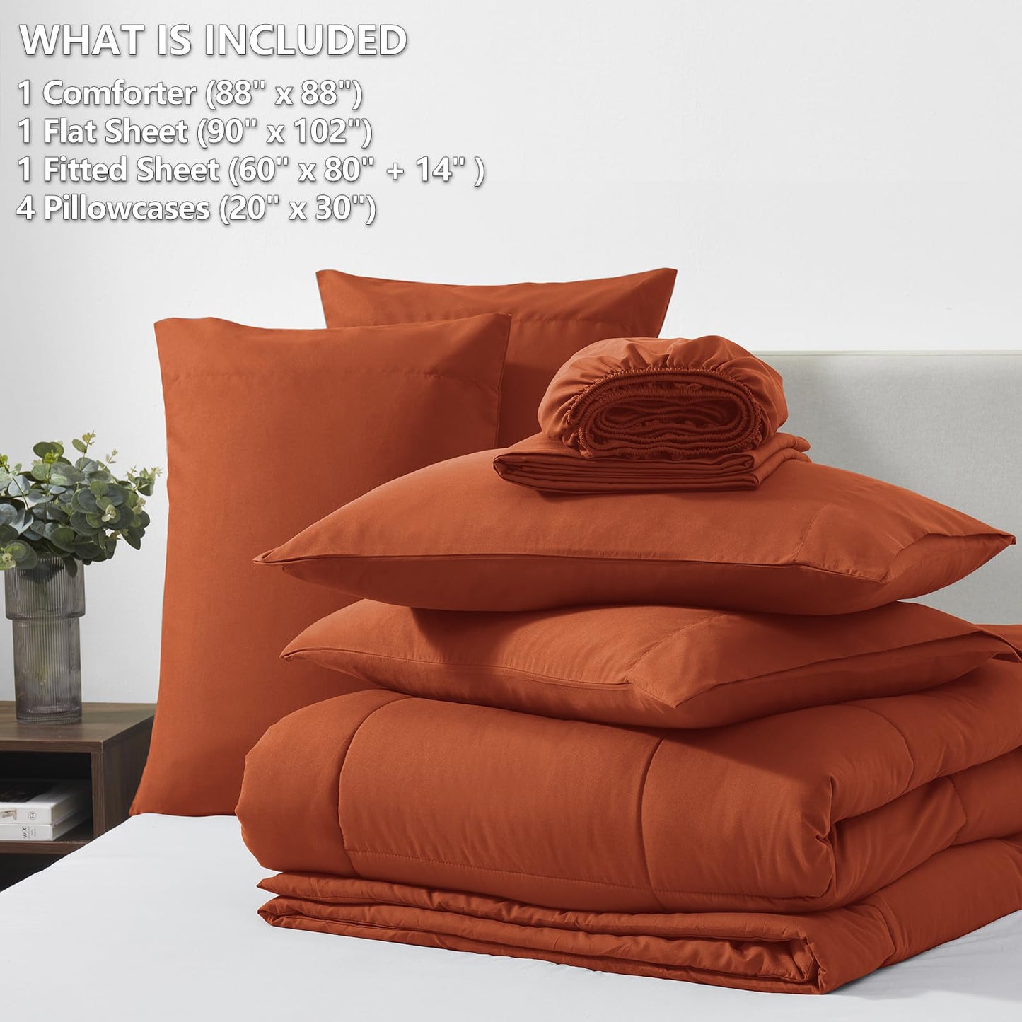 CozyLux Queen Comforter Set Terracotta, 7 Pieces Bed in a Bag, Burnt Orange Fall Comforters Queen Size, All Season Bedding Sets with Stitch Quilted Comforter, Flat Sheet, Fitted Sheet, Pillowcases