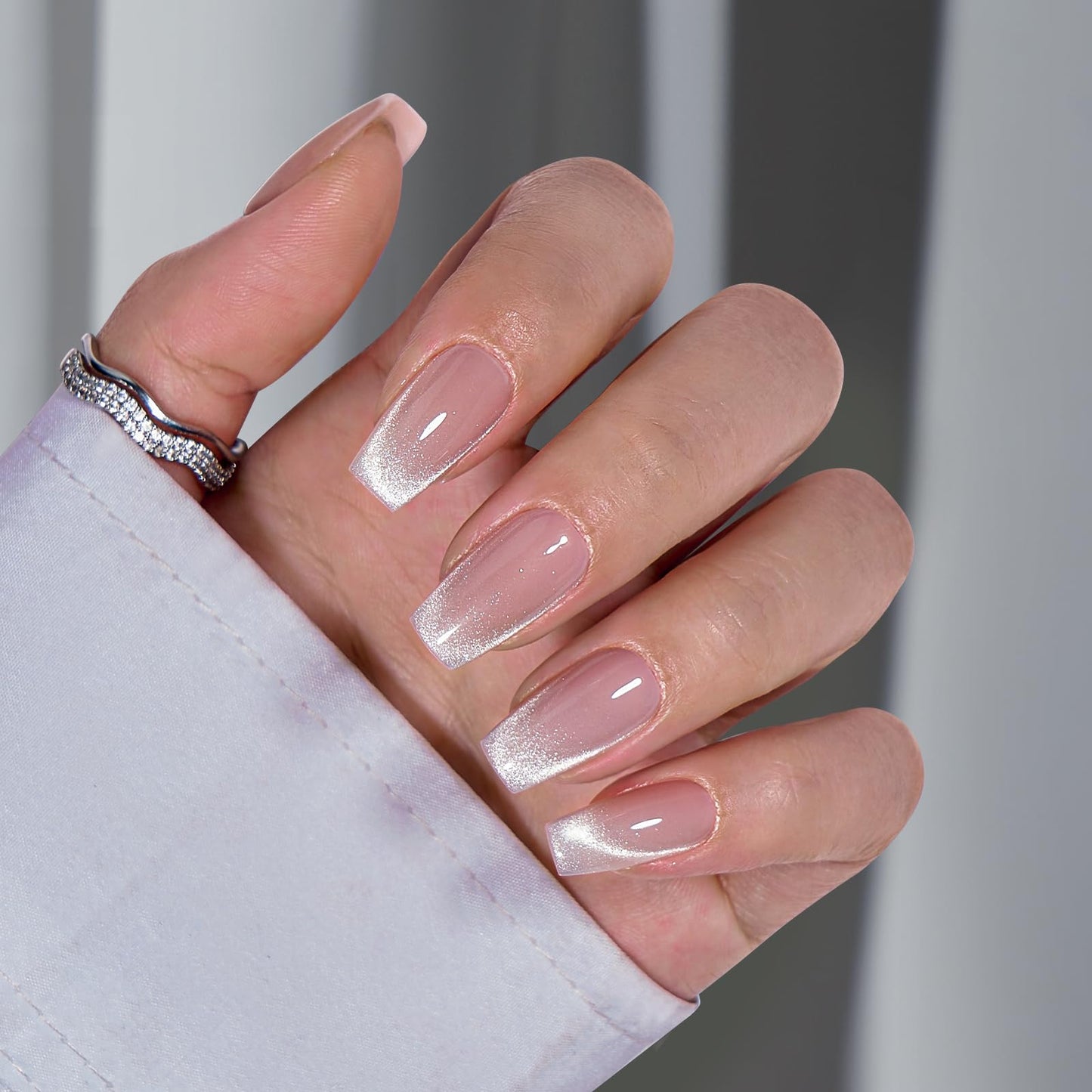 BTArtbox Press On Nails Short - Cat Eye French Tip Press On Nails Coffin, Light Weight & Fit Perfectly Nail Tips, Natural Fake Nail with Glue, Glue On Nails in 16 Sizes - 32 Nail Kit, Milky Way