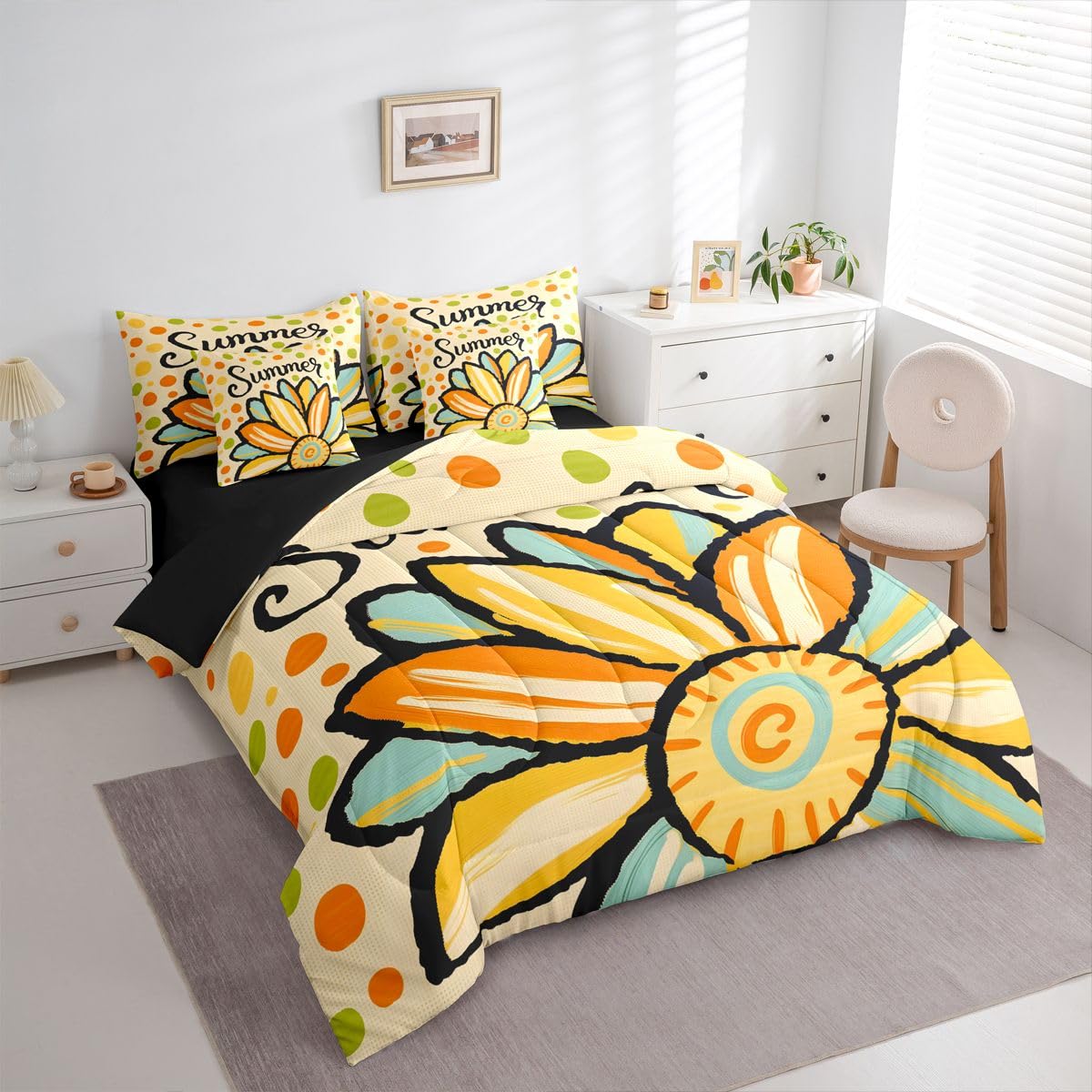 Erosebridal Cute Daisy Queen Bedding Set Retro Polka Dot Comforter Set with Flat and Fitted Sheet Whimsical Summer Colorful Floral 7-Piece Bed in a Bag Kids Friendly Playful Art Quilt Sets