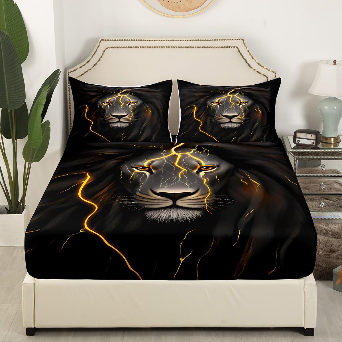 Erosebridal Lion Bed Sheet Set King Gold Lightning Lion Head Bed Sheets Black Grey Wildlife Bedding Sets for Kids Boys Teens Adults Men Wild Animal Fitted Sheet & Flat Sheet 2 Pillow Cases