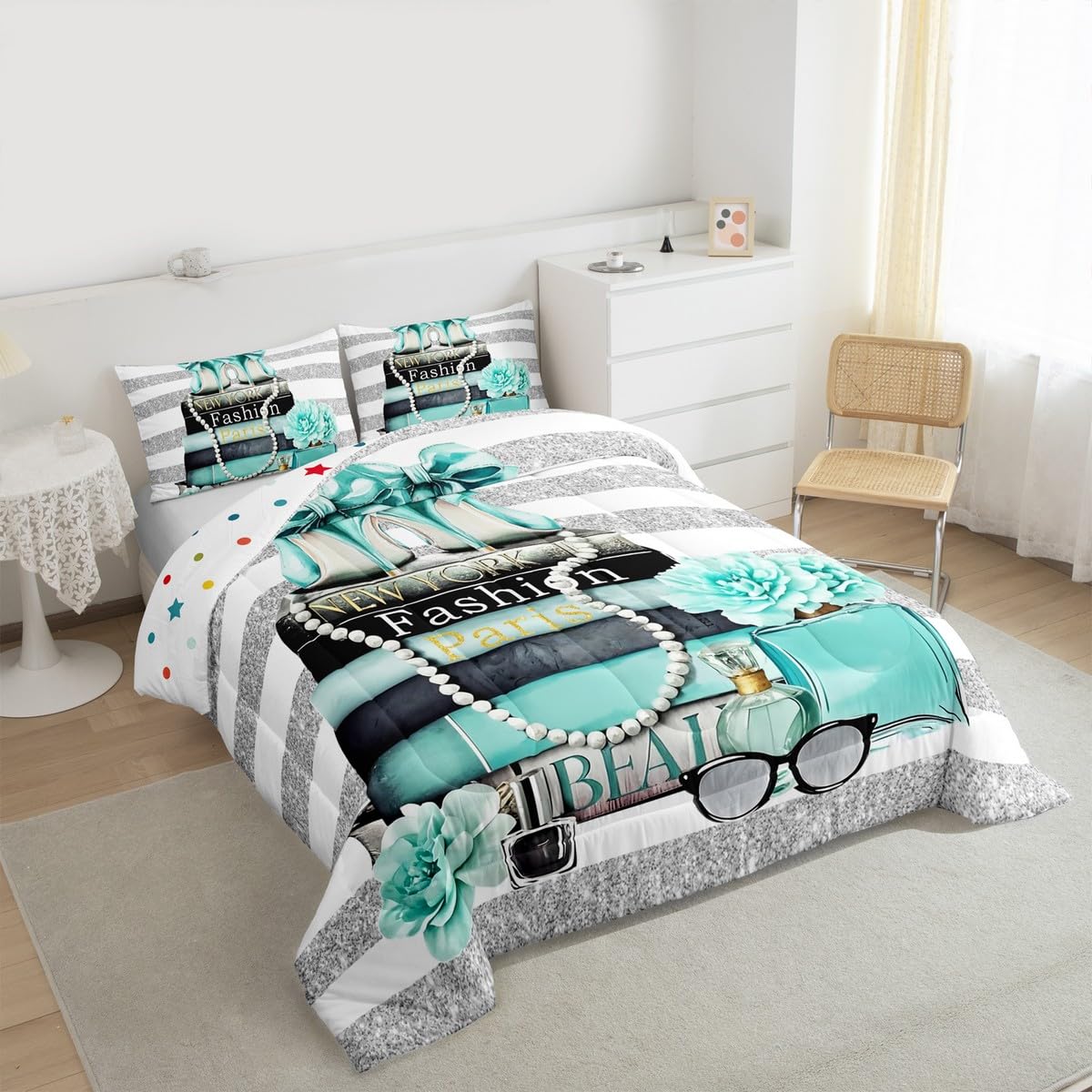 Erosebridal Paris Fashion Women Comforter King Size Teal Silver Modern Bedding Set for Kids Girls Teens Magazine White Stripe Girly Down Comforter Turquoise Rose Flower High Heel Makeup Duvet Insert