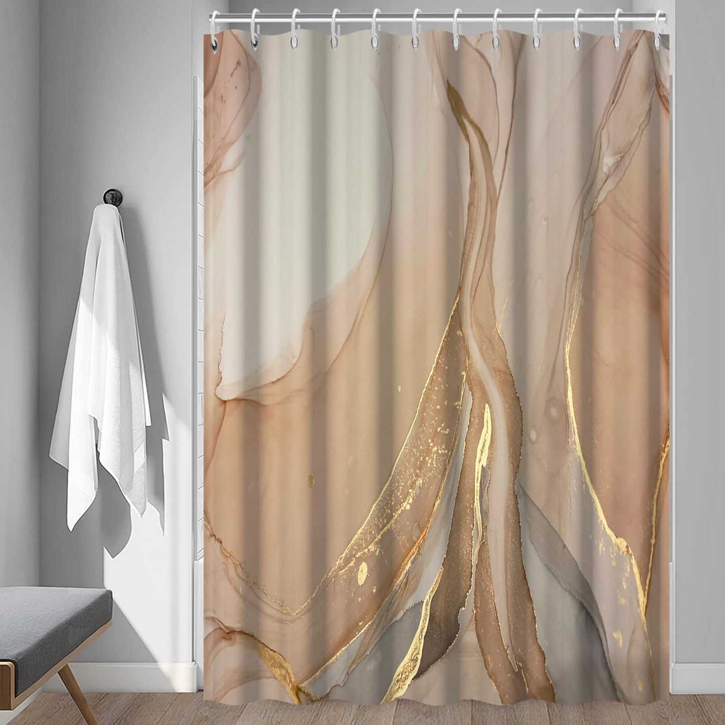 Ruelvth Brown Shower Curtain, Modern Brown Gold Grey Marble Shower Curtain for Bathroom Aesthetic Ink Texture Waterproof Shower Curtain Set with Hooks, 72x72 Inch