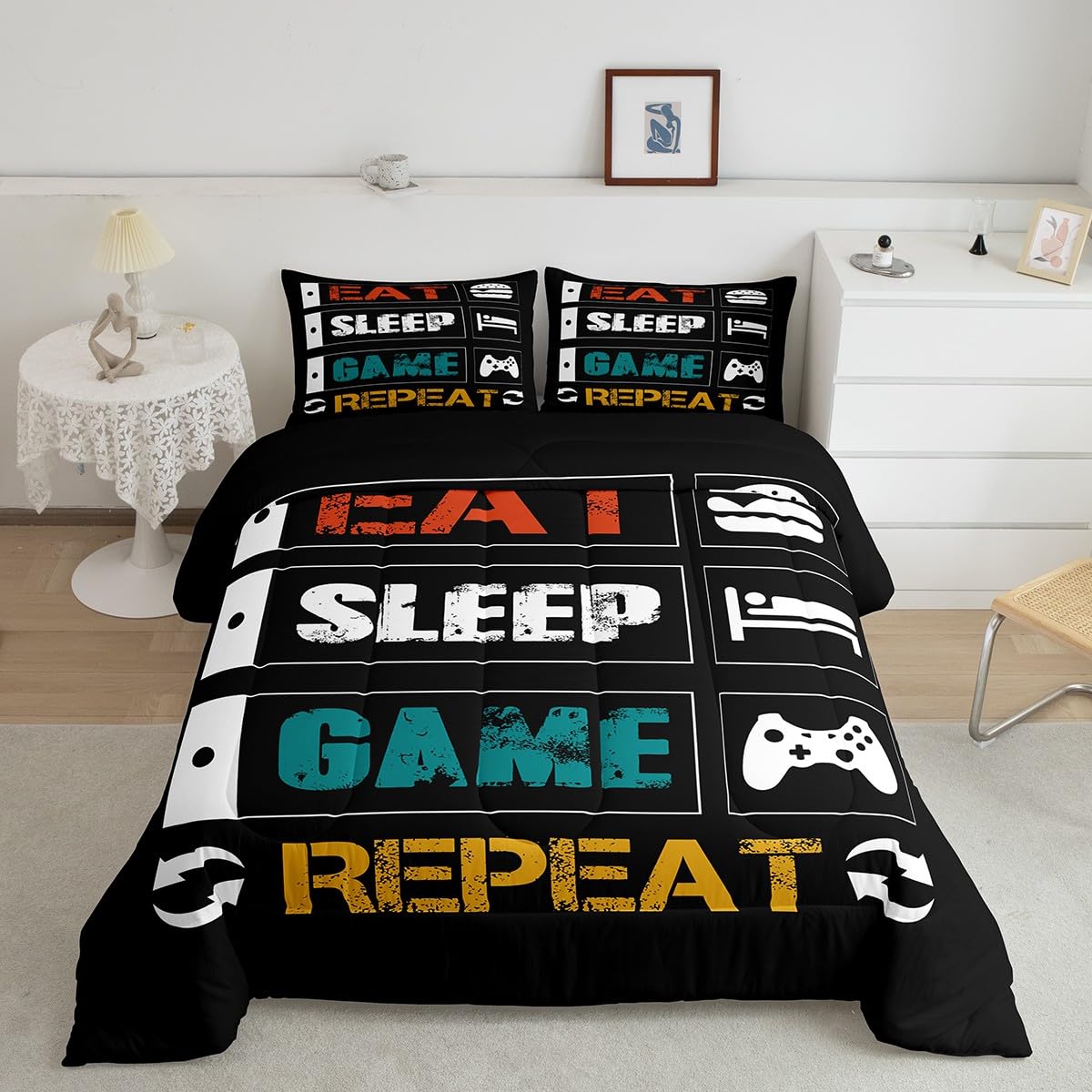 Boys Gaming Comforter Sets for Kids Twin Size Gamer Bedding Set Teens Video Games Comforter Duvet Room Decor Funny Creative Eat Sleep Game Repeat Design Reversible Inner Fill Quilt Set All Season