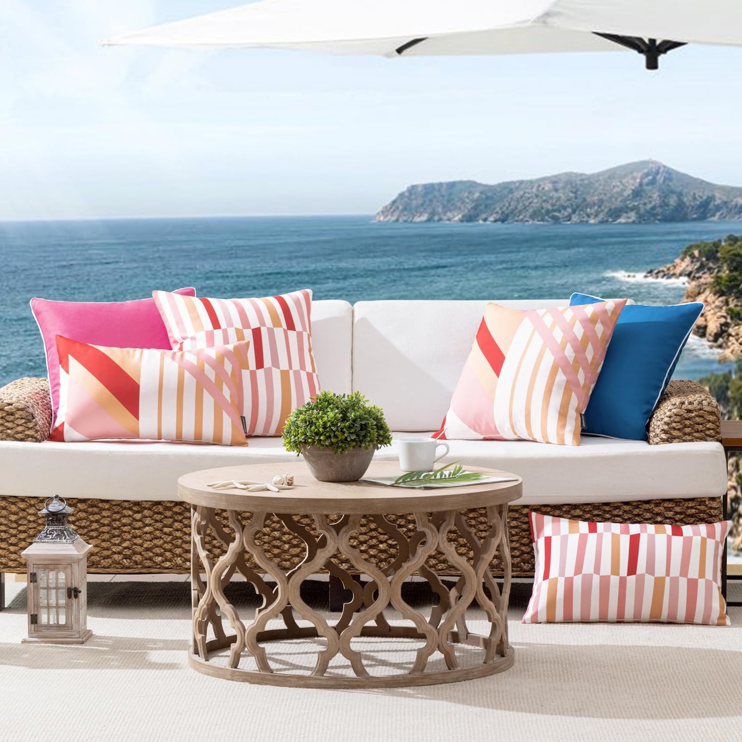 Phantoscope Pack of 2 Outdoor Pillows Waterproof Geometric Stripes Outdoor Pillow Covers, Decorative Square Patio Pillows Cushion Case for Couch Tent, Peach Coral and Pink 18 x 18 Inches