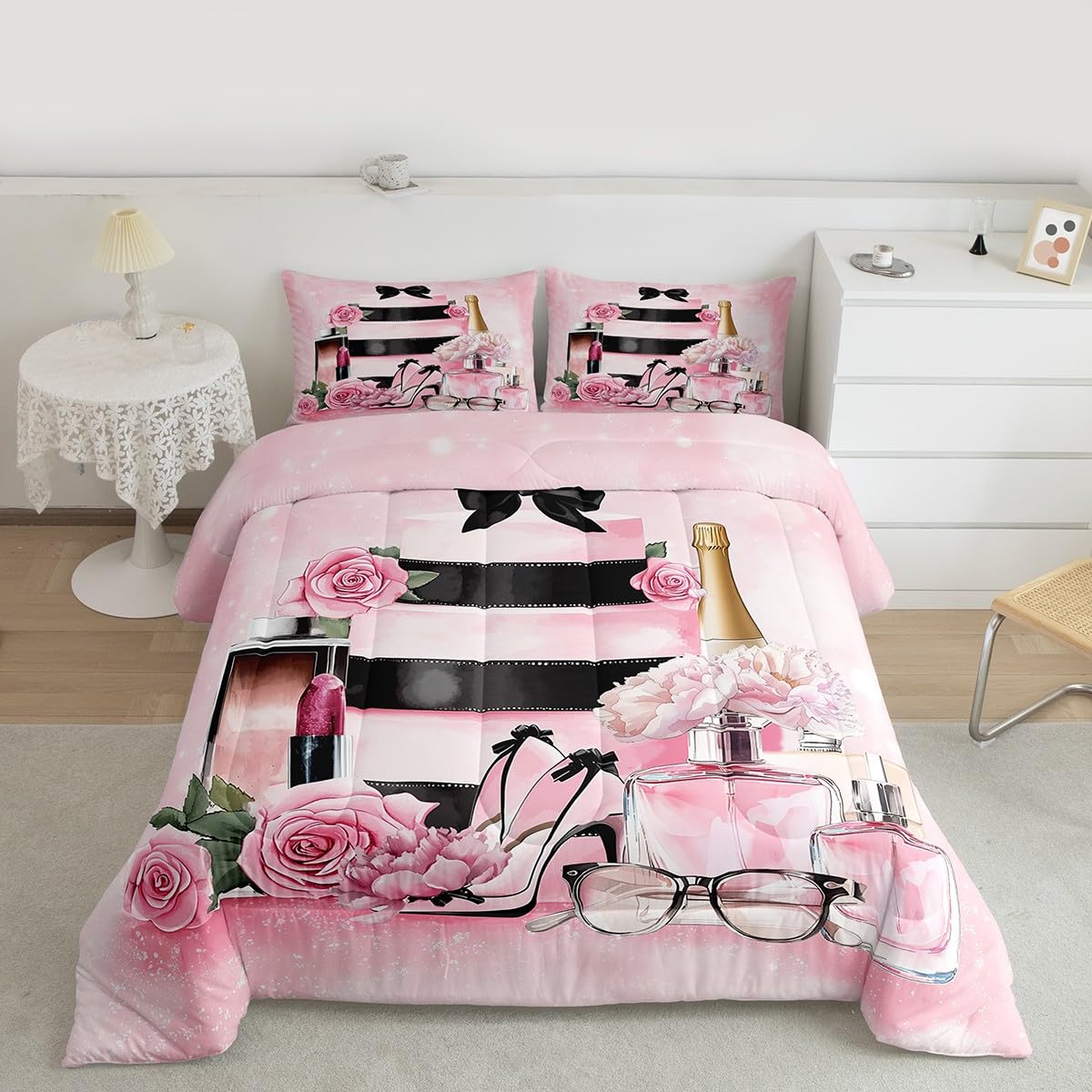 Erosebridal Fashion Luxury Girly Comforter King Size Pink Floral Bedding Set for Girls Women Kids High Heel and Perfume Bed Sets Boho Coquette Trendy Elegant Aesthetic Duvet Insert,Pink and Black