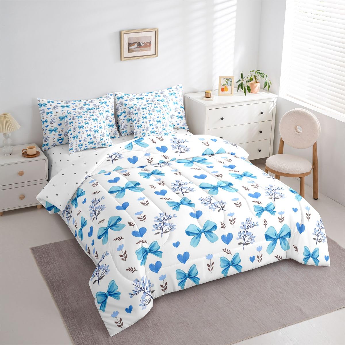 Feelyou Bow Comforter Set King Size 7 Pieces Blue Cute Floral Bedding Set for Kids Boys Girls Heart Bowknot Pattern Bed in a Bag with Comforter, Sheets, Pillowcases, Cushion Covers
