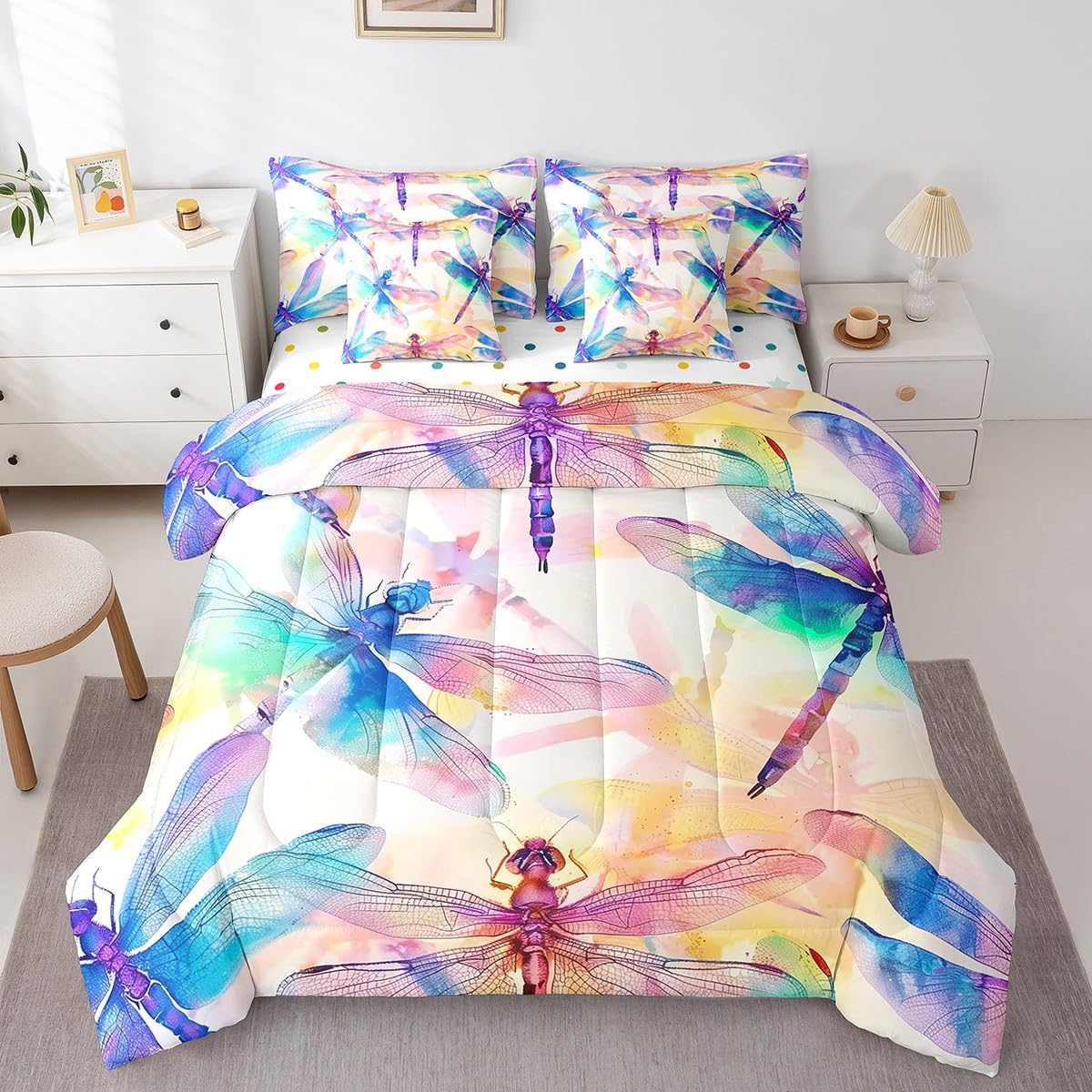Erosebridal Rainbow Dragonfly Bedding Set 7Pcs,Gradient Ombre Dragonflies Comforter Set Queen,Fantasy Flying Wildlife Safari Animal Bed in a Bag