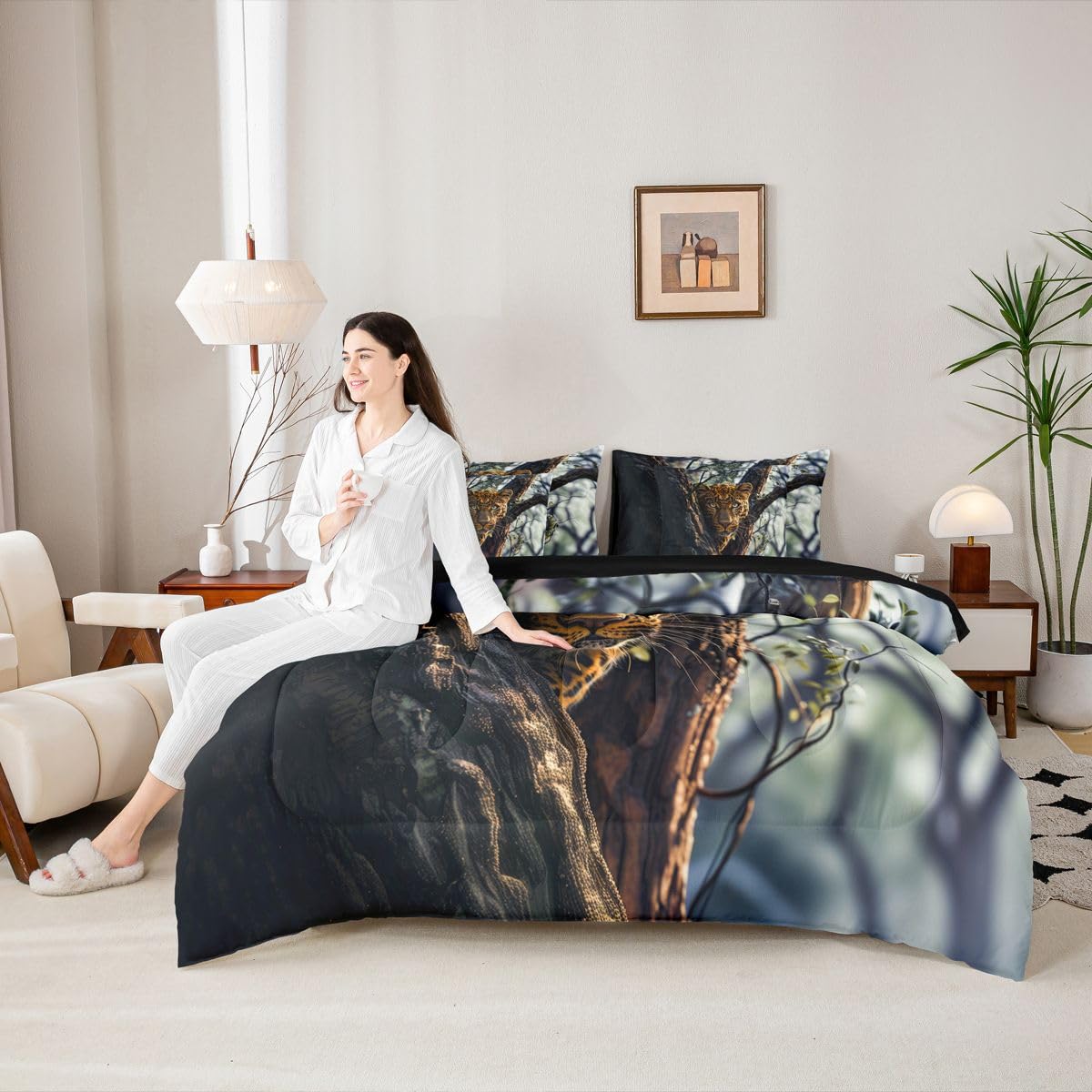 Feelyou Leopard Comforter Set Queen Size 7 Pieces Cheetah Print Bedding Set for Kids Boys Girls Wild Animal Bed in a Bag with Comforter, Sheets, Pillowcases, Cushion Covers Safari Quilted