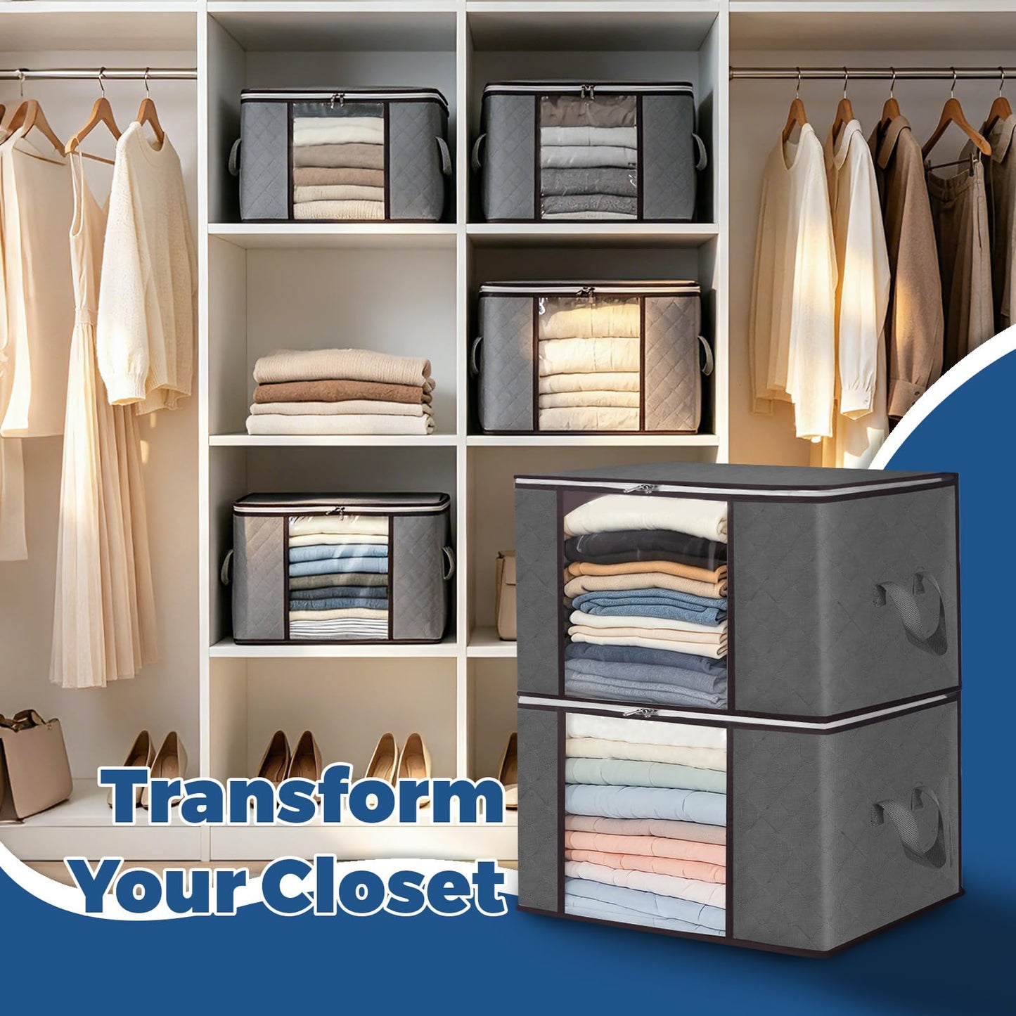 Pterying 8Pack Closet Organizers and Storage Bags with Clear Window & Reinforced Handle, Foldable Clothes Storage Bins with Zippers for Comforter, Blankets, Bedding