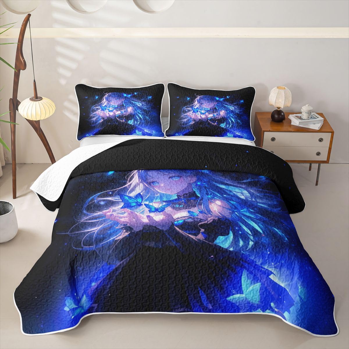 Erosebridal Japanese Girl Quilt Twin Size - Anime Gifts Bedspread Butterfly Decorations Bed Coverlet with 1 Pillowcase