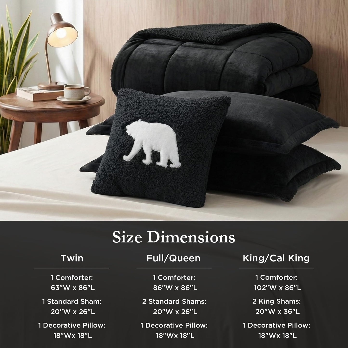 Woolrich Reversible Comforter Set Ultra Soft Plush to Sherpa, Down Alternative, Cold Weather Winter Warm Bedding, with Matching Sham, Decorative Pillow Black/Black Full/Queen 4 Piece