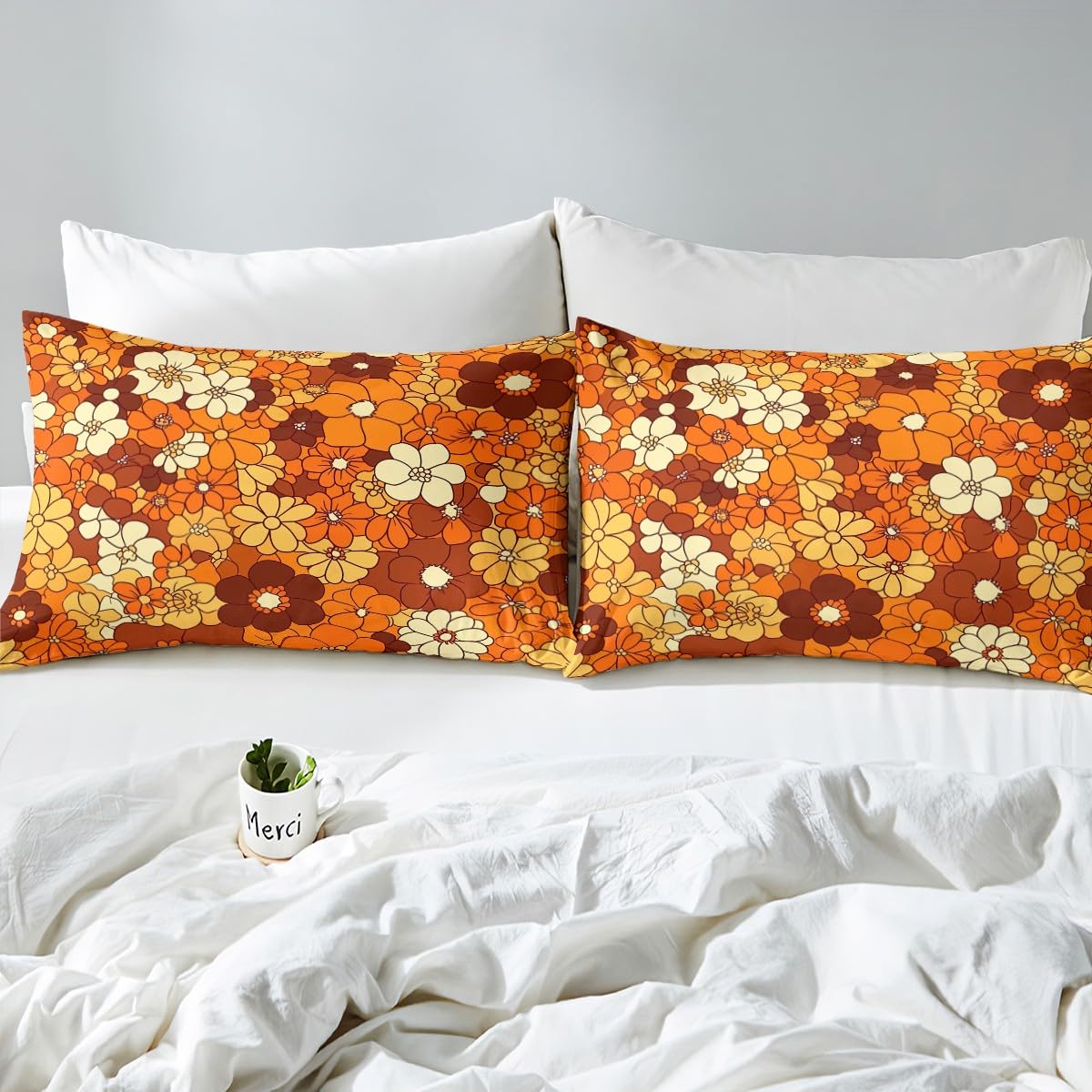 Boho Floral Bed Sheets Set Full Retro Groovy Flowers Sheet Set 60S 70S Hippie Flower Power Bedding Set For Kids Girls Women Groovy Natural Garden Botanical Fitted Sheet Orange Brown Flat Sheet 4 Pcs