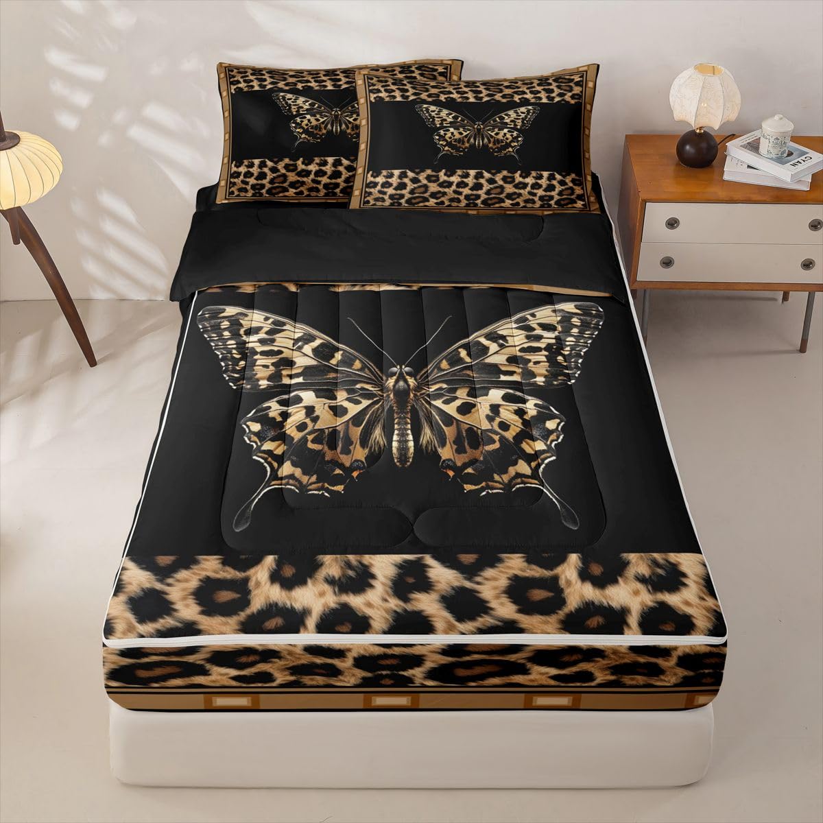 Feelyou Cute Brown Butterfly Zipper Bedding Leopard Print Comforter Set for Kids Boys Girls Queen Size Modern Animal Fur Print Zippered Kids Bedding Set Ultra Soft Cheetah Decor Bed in a Bag