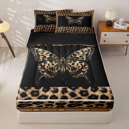 Feelyou Cute Brown Butterfly Zipper Bedding Leopard Print Comforter Set for Kids Boys Girls Queen Size Modern Animal Fur Print Zippered Kids Bedding Set Ultra Soft Cheetah Decor Bed in a Bag