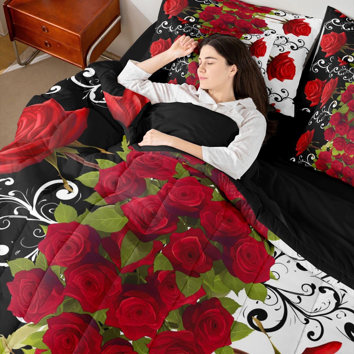 Erosebridal Valentine Roses Queen Comforter Set with Sheets 7 Piece Romantic Red Florals Bed in A Bag Valentine Day Gift Bedding Sets for Women Men Adults,Stylish Aesthetic Bed Set