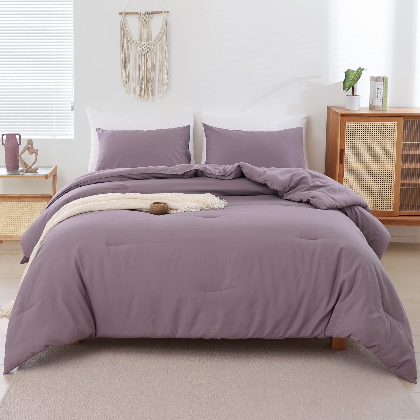 ROSGONIA Comforter Full Size for Boys Teen Girls Dusty Purple, 3pcs(1 Boho Comforter & 2 Pillowcases) Lightweight Dorm Bedding Soft All Season Bed Set