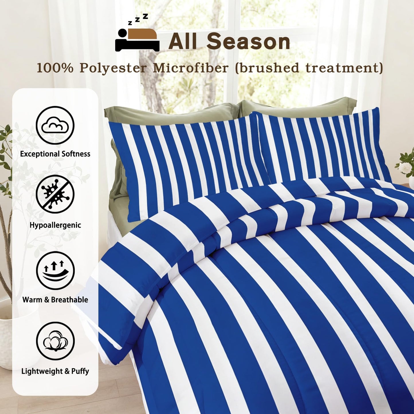TANCAPRIUM Blue White Striped Comforter Set Twin - Nautical Bedding Set & 2 Pilow Cases for All Season - Soft Reversible Down Alternative 3 Piece. Striped Bedrom Decor