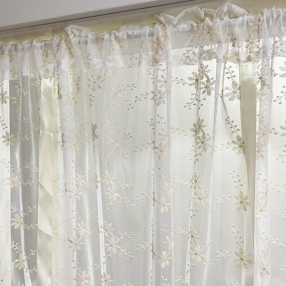 Beige Romantic Little Floral Woven Lace Tie Up Balloon Curtain for Kitchen