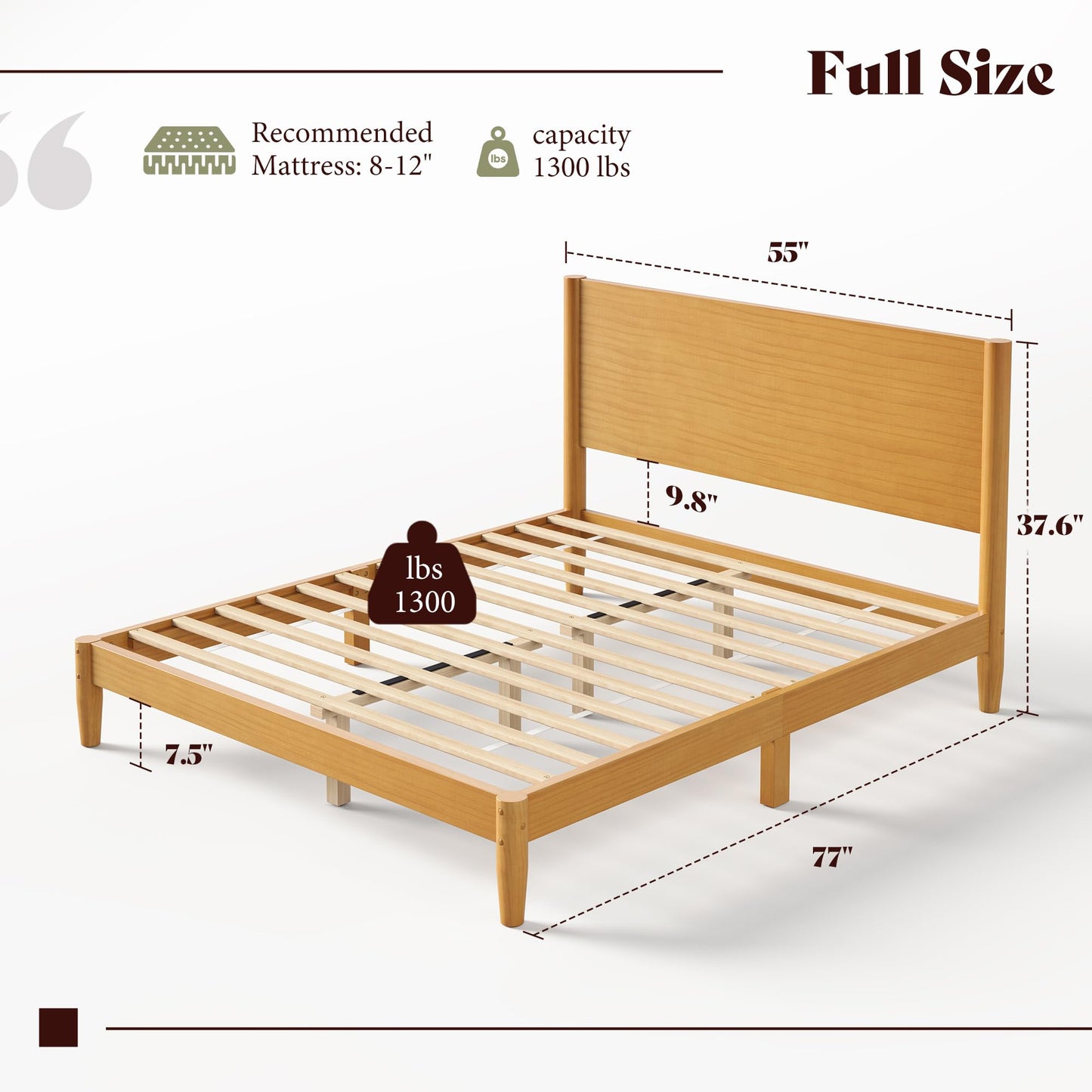 AMERLIFE Solid Wood Full Size Bed Frame, Mid Century Modern Platform Bed with Full Panel Headboard, Noise-Free & Cylindrical Legs, No Box Spring Needed, Under-Bed Storage, Natural Wood