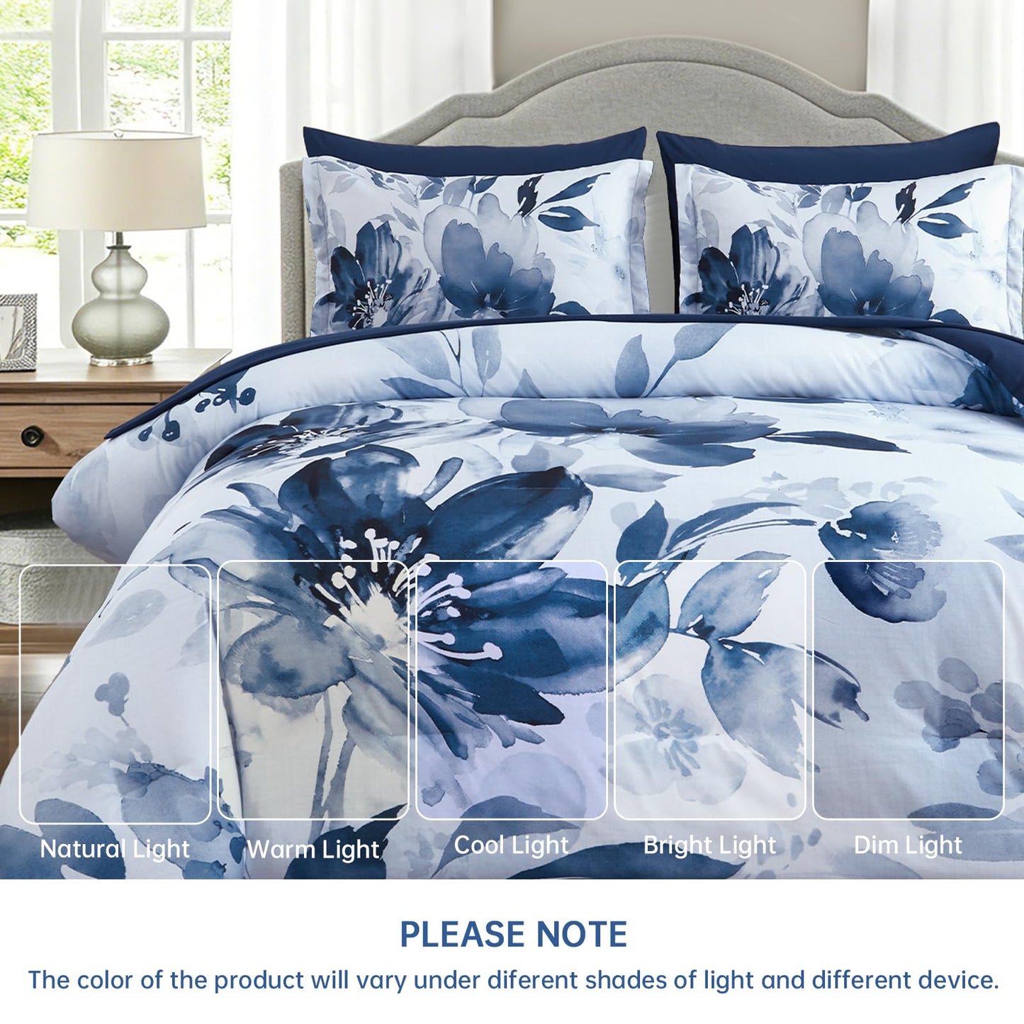 Luxudecor Floral Comforter Set Queen Size, 7 Piece Blue Flower Set Bed in a Bag,Soft Microfiber Farmhouse Shabby Chic Bedding Set for All Seasons(90"x90")