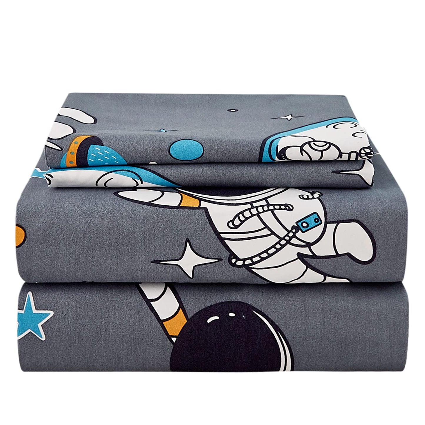 JSD Grey Astronaut Kids Sheet Set Twin Size, 3 Piece Boys Space Adventure Printed Microfiber Sheets Deep Pocket