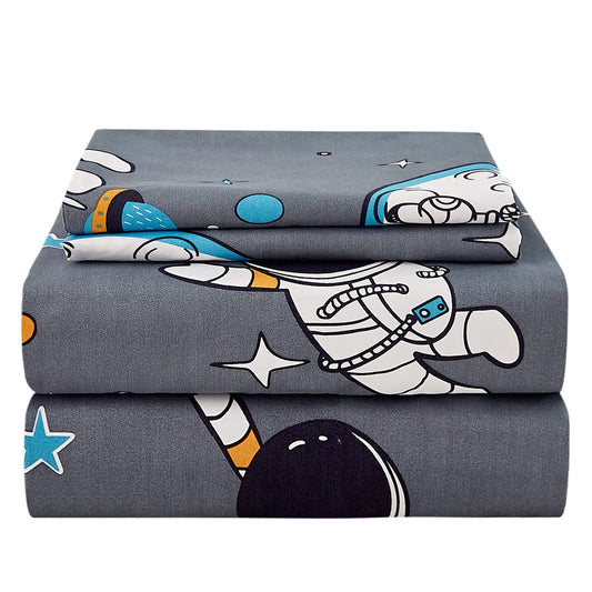 JSD Grey Astronaut Kids Sheet Set Twin Size, 3 Piece Boys Space Adventure Printed Microfiber Sheets Deep Pocket