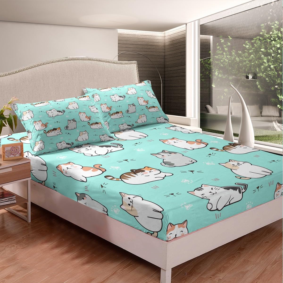 Erosebridal Cat Bedding,Cute Pet Theme Sheet Set for Kids Teens Girls Youth,White Cat Paw Print Decor Bed Sheets for Bedroom,Kawaii Animal Kitten Fitted Sheet,Queen with 2 Pillowcases