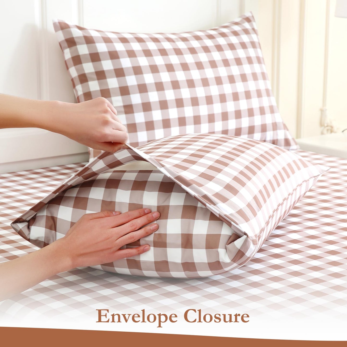 MICORAL Queen Sheet Set Tan Gingham Plaid, 4-Piece Brushed Microfiber Taupe Grid Bed Sheets, 16" Deep Pocket, Ultra Soft & Cooling Sheet, Oeko-TEX Certified, Light Brown
