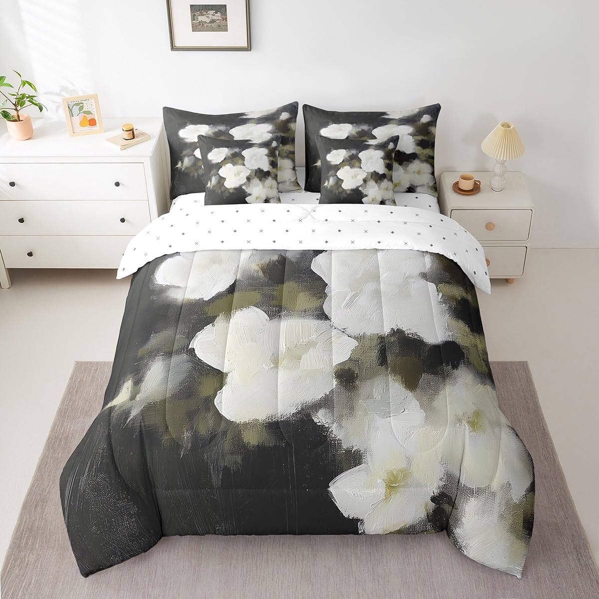 Erosebridal Oil Painting Flower Bedding Set for Kids Teens,Abstract Art Comforter Set Full Size,White Daisy (Comforter+Fitted+Flat Sheet+2 Pillowcases+2 Throw Pillow Covers) 7 Pieces Bed Set