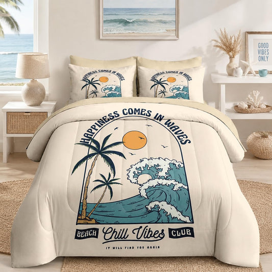Nesker 7 Pcs Comforter Set Queen Size, Summer Beach Surf Bedding Set for Kids and Adults, Vintage Sunset Retro Sheets Bed Sheet Sets with Fitted Sheet 2 Pillowcases & 2 Shams