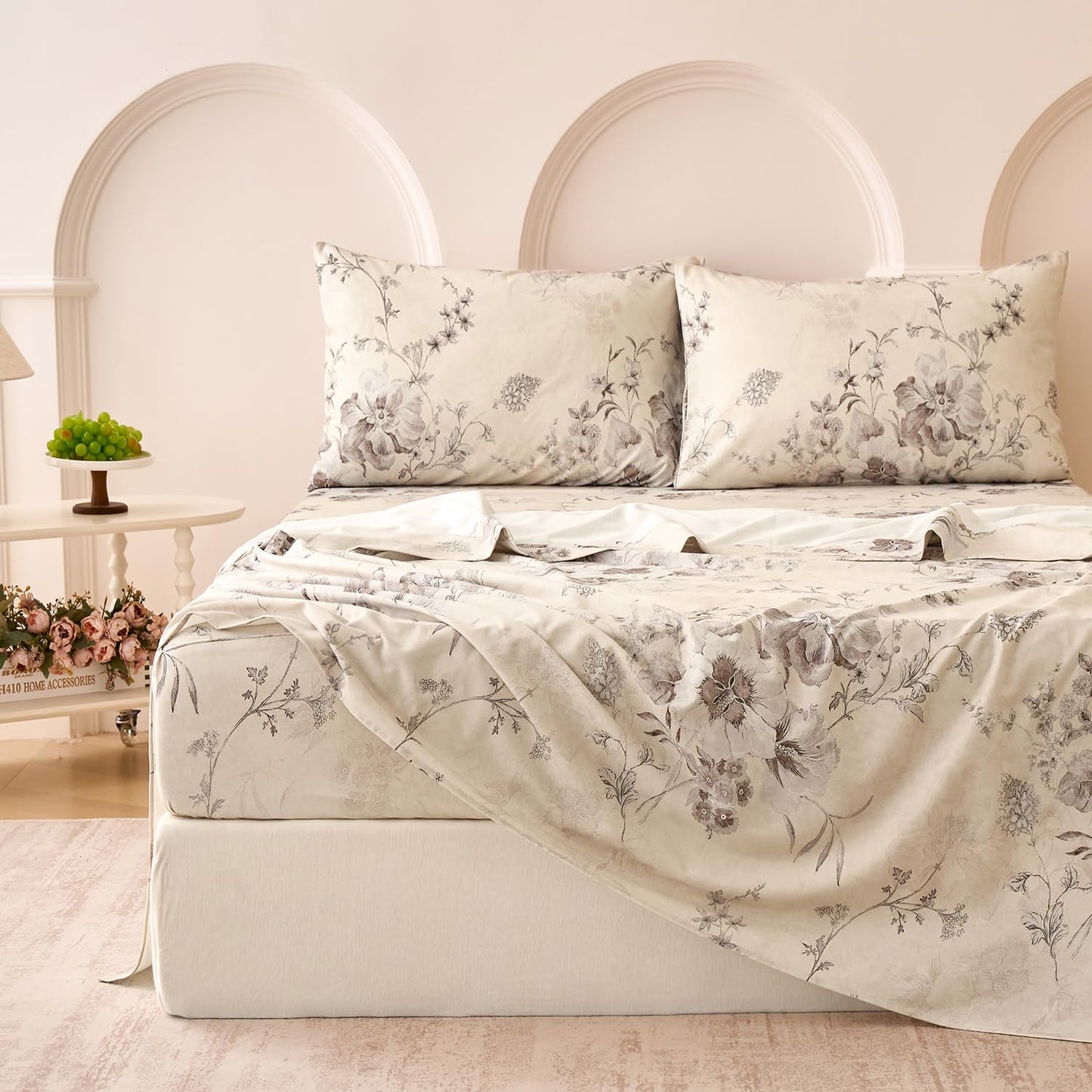 Huborise Beige Queen Sheet Set 100% Cotton Flannel-Like Warm Luxury Peony Toile Floral Bed Sheets 4Pc Deep Pocket 17.5", Double Brushed Extra Soft Breathable, Fall/Winter French Country Bedding
