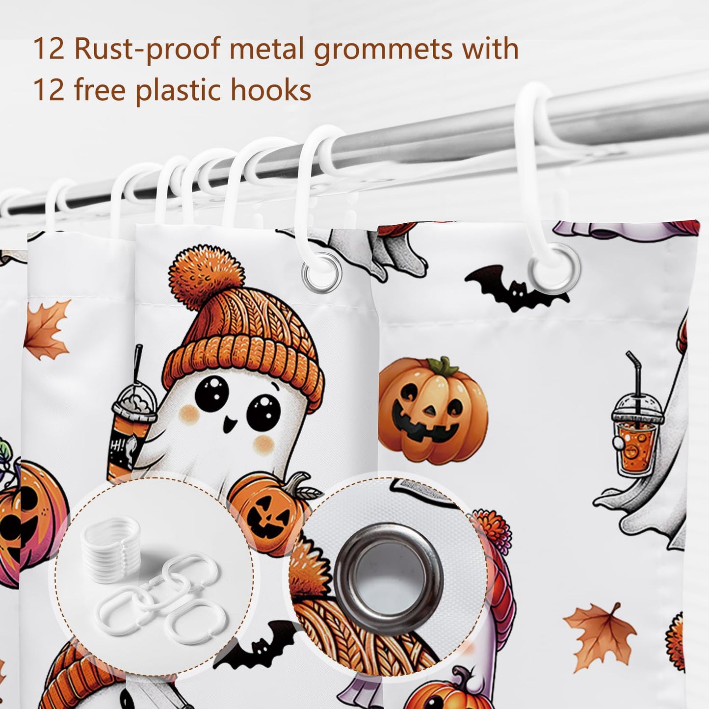 MEHOFOND Halloween Shower Curtain Cute Ghost Shower Curtain Pumpkin Maple Leaves Bat Spooky Halloween Festival Holiday Bathroom Decor Waterproof Fabric Washable with Hooks 72x72 in(White)