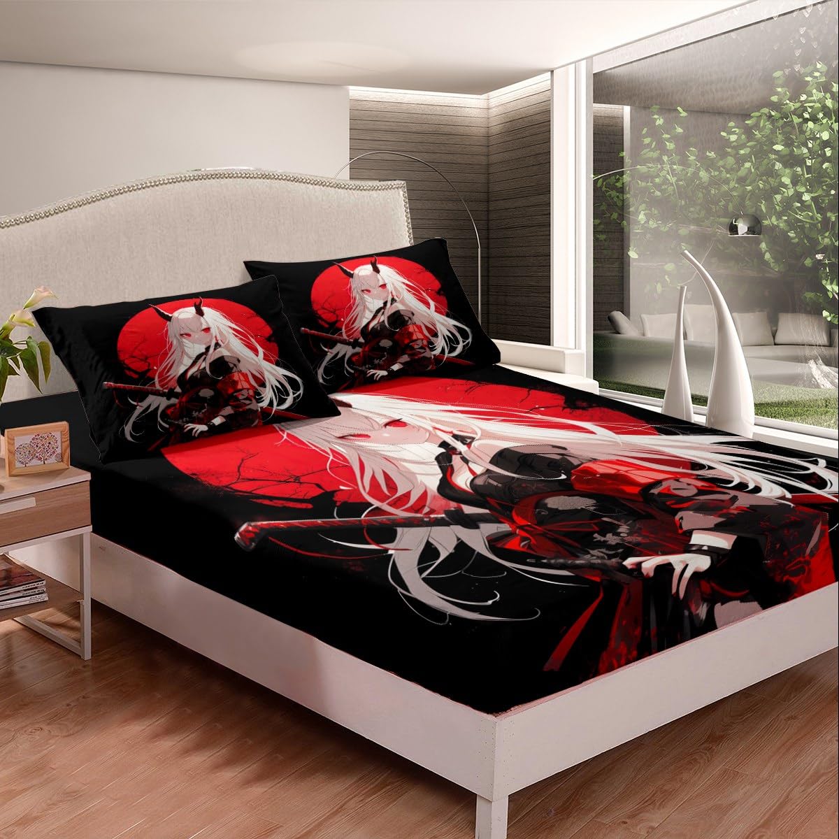 Erosebridal Full Japanese Anime Bedding Set for Kids, Anime Girl Bed Sheets Kawaii Japanese Style Fitted Sheet Cartoon Japan Animation Bed Set for Boys Teen Adult Women Bedroom,Red Black