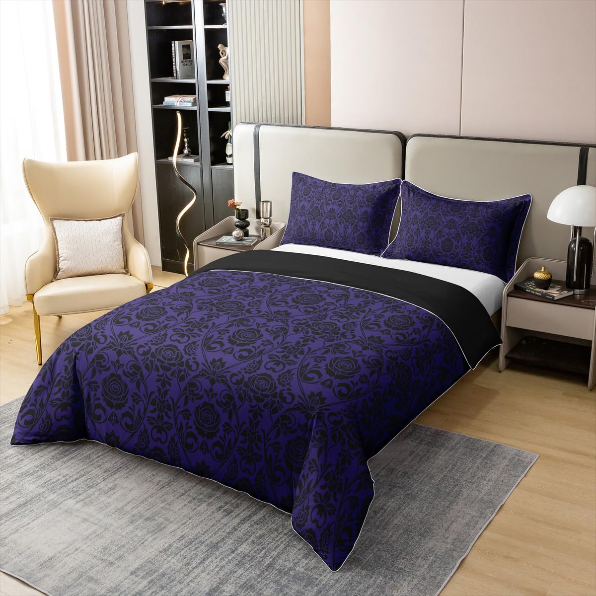 jejeloiu Boys Girls Rose Duvet Cover 100% Cotton Queen Size, Jacquard Damasks Bedding Set Luxury Royal Blue Jacquard Comforter Cover Kids Boho Style Teens Bedroom Decor Quilt Cover（No Comforter）