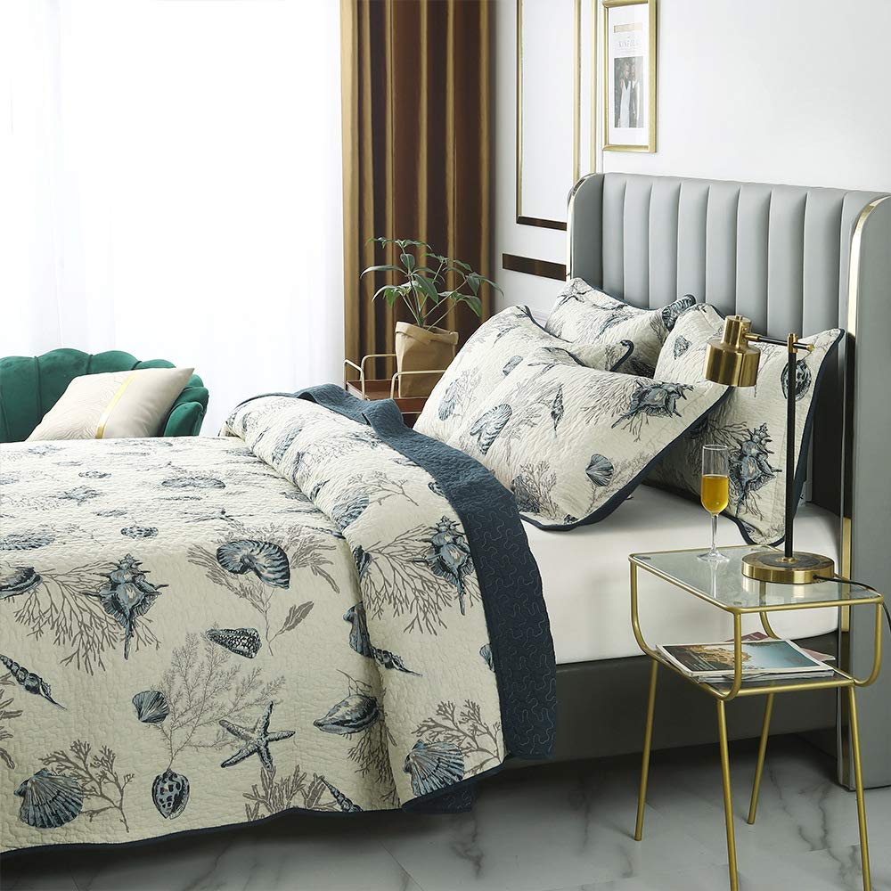 Brandream Queen Size Blue Ocean Quilted Comforter Set Nautical Bedding Set 100% Cotton Bedspread Coverlet Set 3-Piece