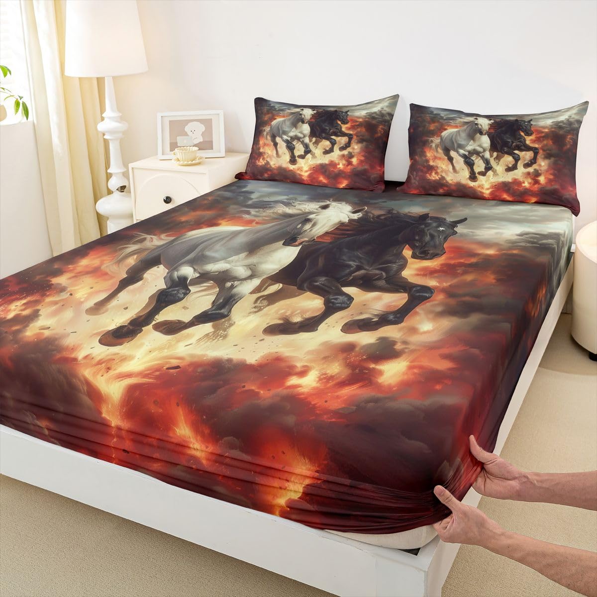jejeloiu Horse Bed Sheets Sets Queen Size Kids Boys Girls Black and White Horse Bedding Set Western Farm Animals Bed Sheet Set with 16-Inch Deep Pockets Country Farmhouse 4Pcs with 2 Pillow Cases