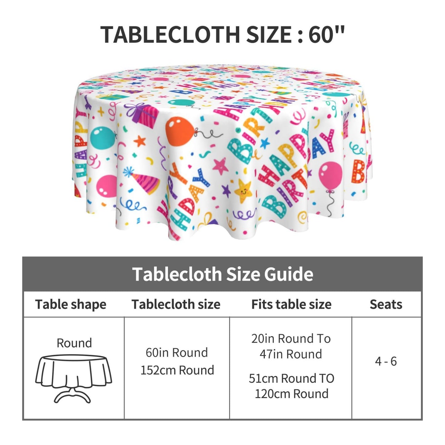 mutakin Happy Birthday Tablecloth Round Table Cloth Washable Rustic Table Cover for Decoration Kitchen Dining Room 60 Inch