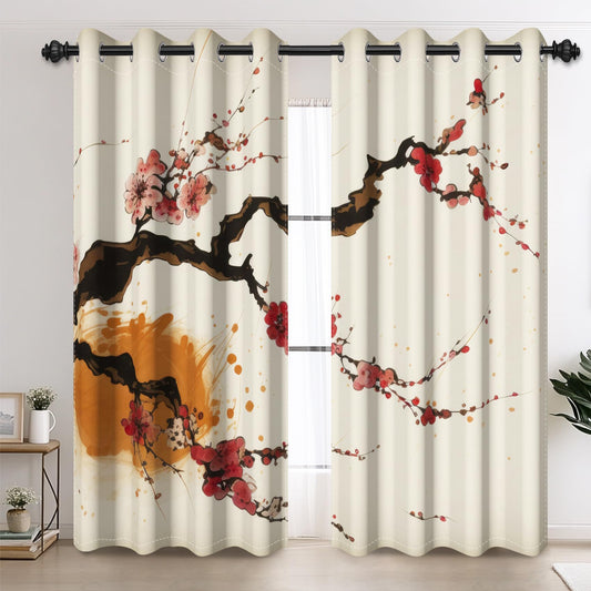AOFOTO Abstract Floral Plum Branches Blackout Curtains for Living Room, Vintage Rustic Traditional Asian Ink Painting Cherry Blossom Window Treatment Panel Drapes for Bedroom 42x63 Inches, 2 Panels