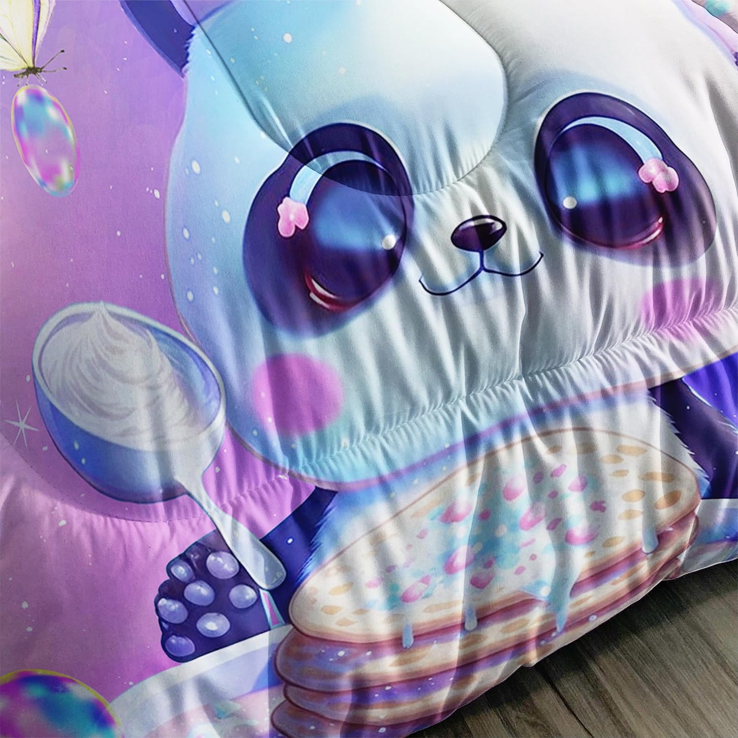 Nttopship Kawaii Panda Comforter Set Queen, Violet and Pink 3 Pieces Bedding Set for Teens Kids,Kawaii Down Alternative Bed Comforters Bedding Sets for All Season