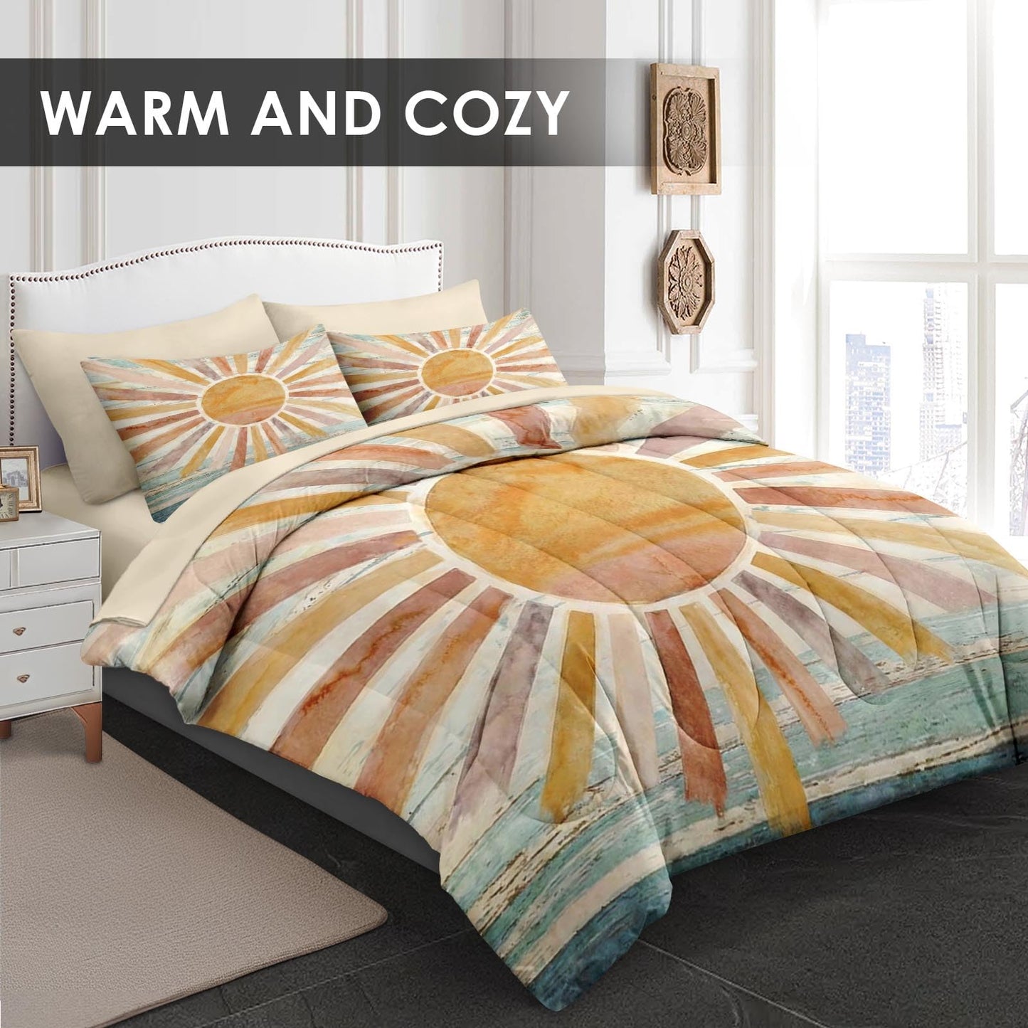 WeCozy 5 Pcs Twin Size Comforter Set with Pillowcase & Sham, Boho Sun Sunshine Bedding Set for Kids and Adults, Coastal Retro Bed in a Bag with Flat Sheet and Fitted Sheet