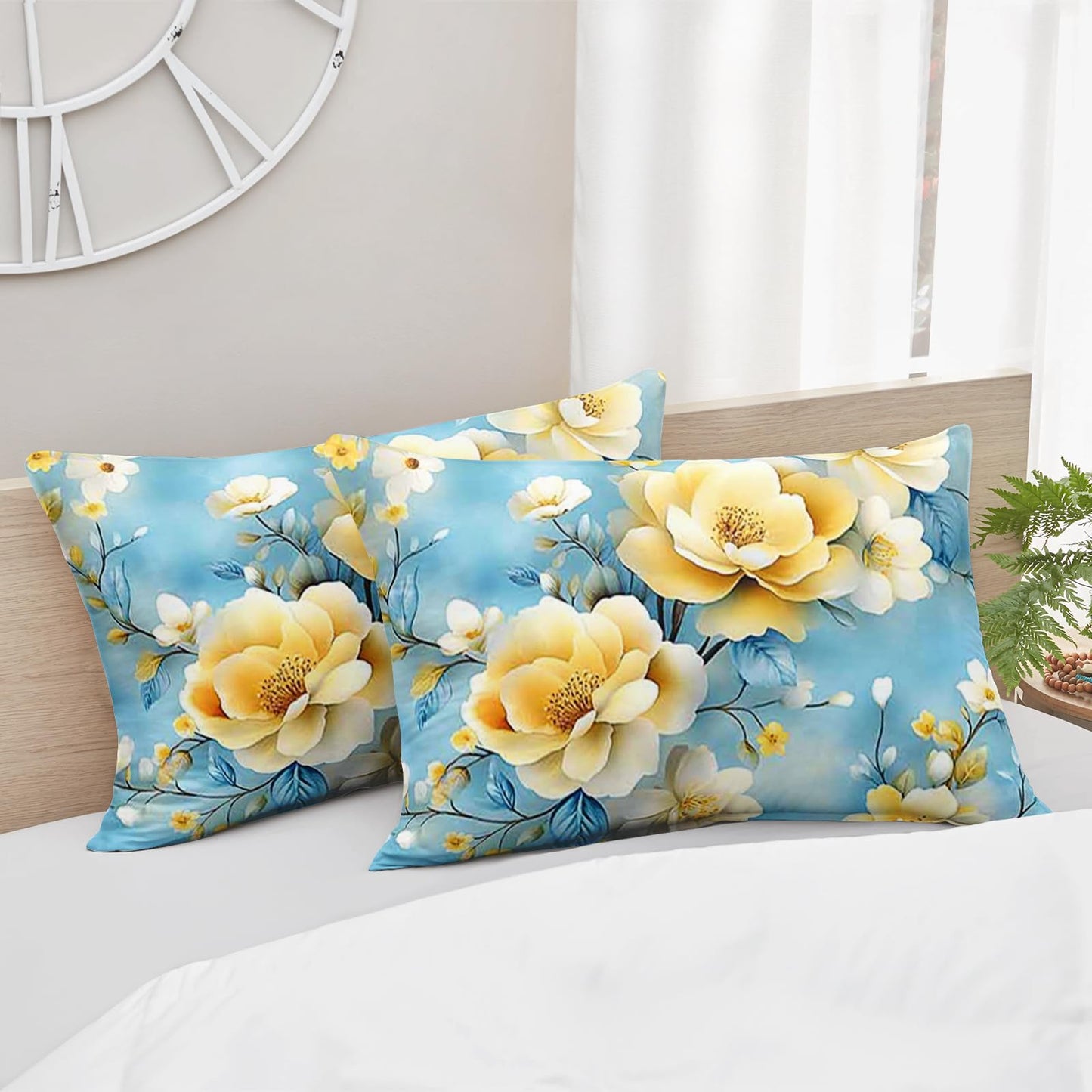 AILONEN Twin Comforter Set 3 Piece, Golden Blossom Bedding with 2 Pillowcases, Blue Floral Cover for Kids Dorm Room